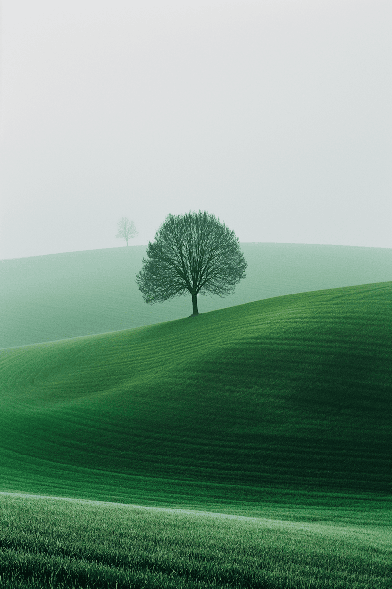 Lone tree on a misty green hillside