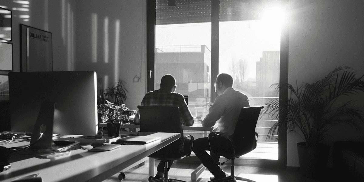 Two colleagues in discussion by a sunlit office window