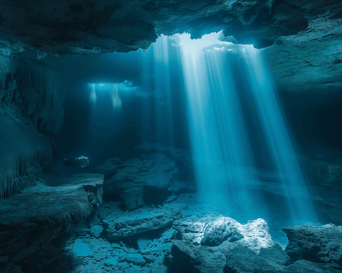 Underwater cave with light rays